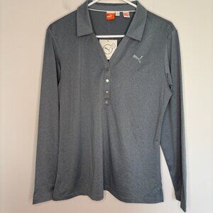 PUMA CELL NEW Collared Long Sleeve Polo Womens L Tradewinds Heather V-Neck Snaps